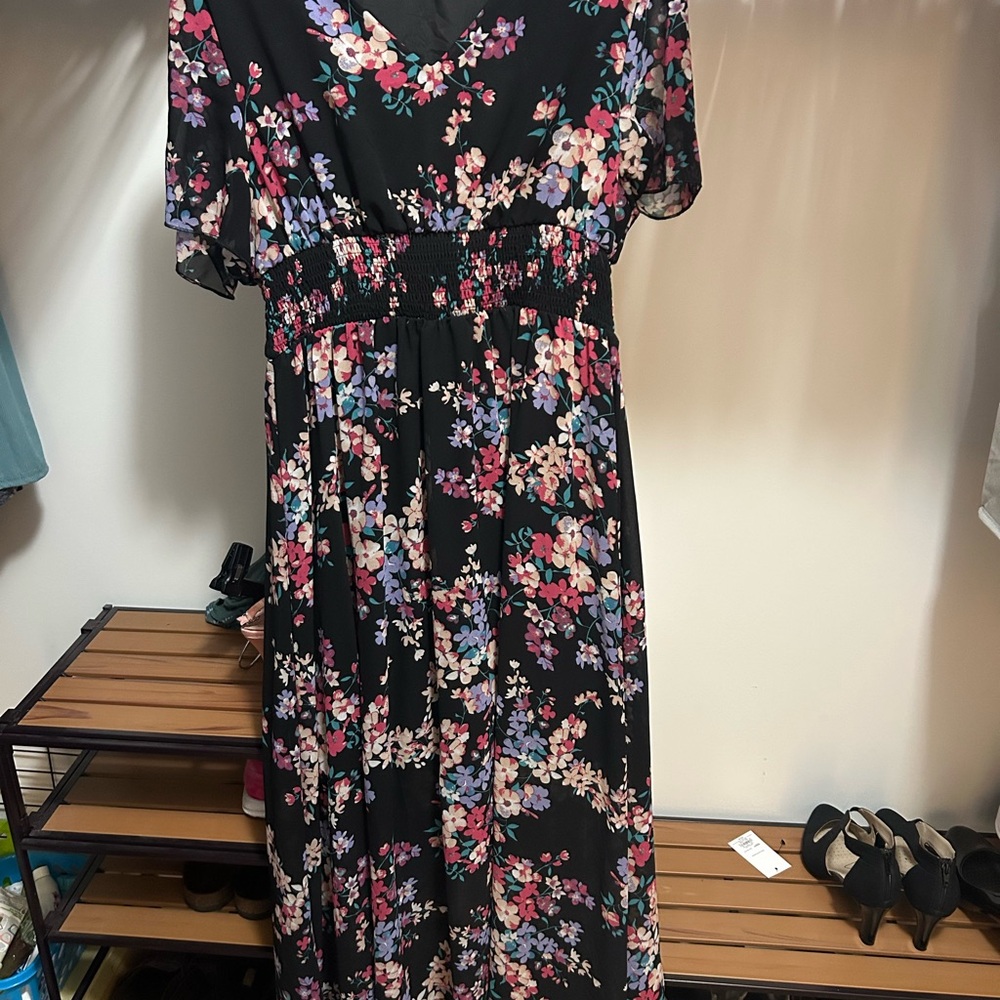 Pink and Black Flutter Sleeve Maxi Sundress